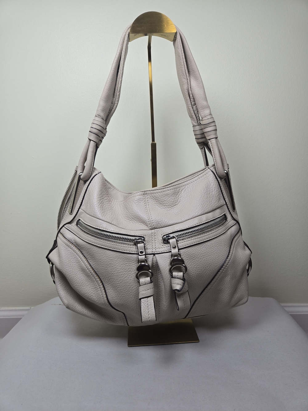 b. makowsky Cream Leather Hobo Shoulder Bag with Front Zips